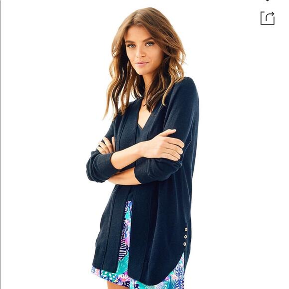 Lilly Pulitzer Micaila Cardigan Sweater Navy Metallic Open Longline Tulip Hem - Picture 5 of 11